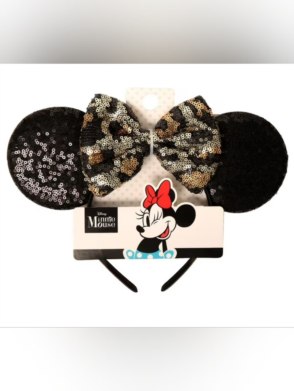 Disney Minnie Mouse Black and Gold Animal Print Sequin Bow Ear Headband NWT